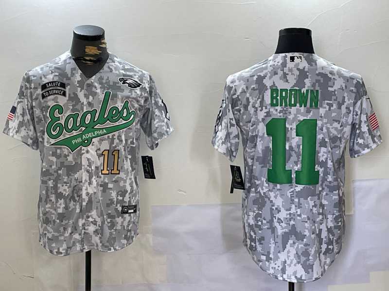 Mens Philadelphia Eagles #11 AJ Brown Arctic Camo 2024 Salute to Service Stitched Baseball Jerseys